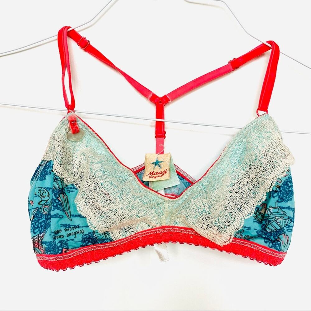 NEW MAAJI REVOLVE Cream Blue Pink Print Lace Triangle Bra Racer Back Bralette S